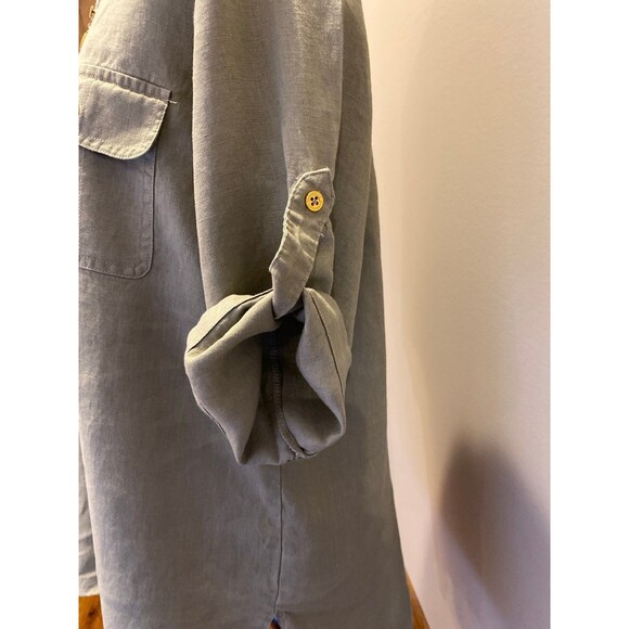 Ellen Tracy Blouse 100% Linen Sz Large Gray Green Top Tunic Front Pockets Hi Low - Picture 5 of 11